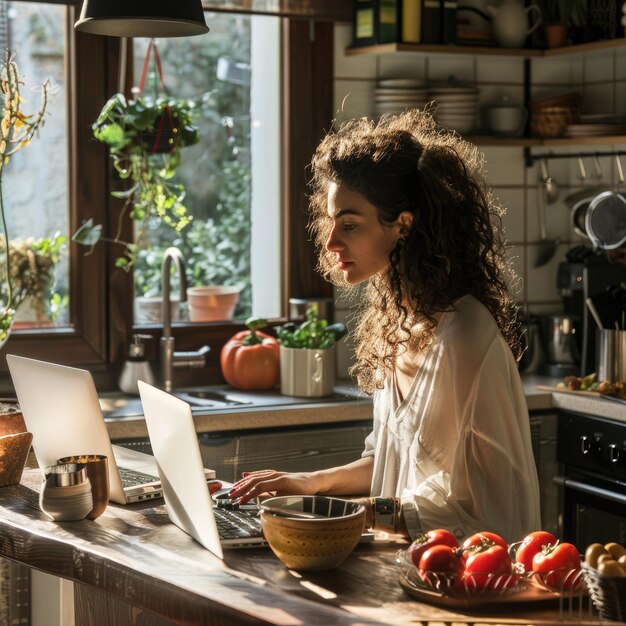 Persona escribiendo un mensaje desde cocina